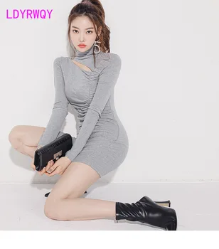 Južna Koreja 2021 novo korejska različica temperament popravila višina ovratnik, dolgi rokavi seksi naguban vrečko hip dnu obleko dekle