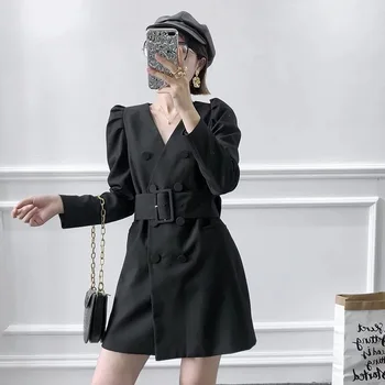 Enodelne ženske Jopič Obleko Koreja Black Dolg Rokav Zarezo Bombaž Seksi Stranke Urada Mini Obleka za ženske Oblačila