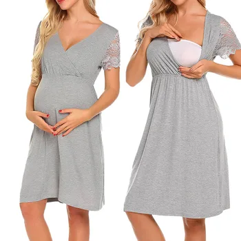 2020 Porodniškega Oblačila zdravstvene Nege Nightgown Pižamo V Vratu kratek rokav Čipke Šivanje obleke Za Dojenje Nosečnice