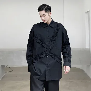 Moški Cvet Strani Splice Priložnostne Long Sleeve Majica Moški Japonska Ulične Vintage Moda Črno Belo Srajco Fazi Oblačila