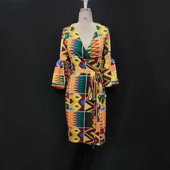Tiskani Obleko Puff Rokav Afriške Ženske V Vratu Pasu Pasu Moda Obleke Seksi Vestido 2021 Novo Skromno Pomlad Poletje Moda