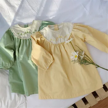 Pomlad Jesen Dekleta Vezenino Princesa Obleke Nove Korejskem Slogu Bombaž Svoboden Mozaik Dolg Rokav Obleka Otroci Obleke