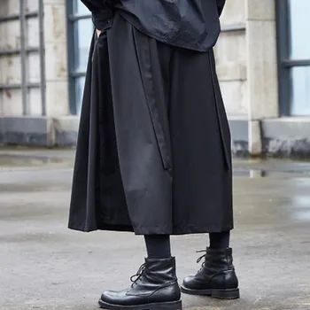 Homens fita splice solto priložnostne preto perna larga kimono calças saia masculina ulične hip hop punk gótico harem