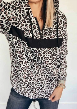 Leopard Barvo Zadrgo Hoodie Majica Ženske Vrvico Hooded Vrh Priložnostne Mozaik Puloverji 2020 Ženski Puloverji S Kapuco