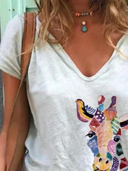 Vroče Prodaje Priložnostne Bele Barve Žirafa Tiskanja Ženske T-shirt Poletje Kratek Rokav Proti Vratu Risanka Tiskanja Svoboden Vrhovi