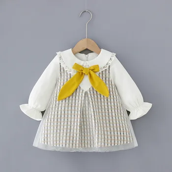 NOVO Girls Srčkan Mašno Obleko Pomlad River Moda Dolgo sleeved Princesa Kariran Stranka Obleko Otroci baby dekle krpe