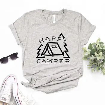 Happy Camper Ženske Tshirts Bombaž Priložnostne Smešno Majica s kratkimi rokavi Za Lady Vrh Tee Hipster 6 Barvno Spusti Ladje NA-590