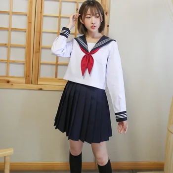 Tri Bele Črte Japonski Šoli Enotno College Visoka Šola Dekleta Študent Uniforme Mornar, Ki Bo Ustrezala Beli Vrhovi Nabrano Krilo