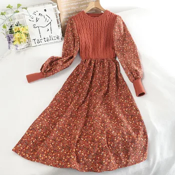 Jeseni, Pozimi Žensk Midi Dress Vintage Krog Vratu Dolg Rokav Plesti Mozaik Vestidos Ženski Cvjetnim Natisne Haljo Nova Moda