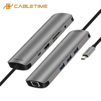 CABLETIME Multi USB C SREDIŠČE za USB 3.0, HDMI Adapter AUX Lan Omrežno Zvezdišče za MacBook Air Matebook X 13 Tip-C Hub C042