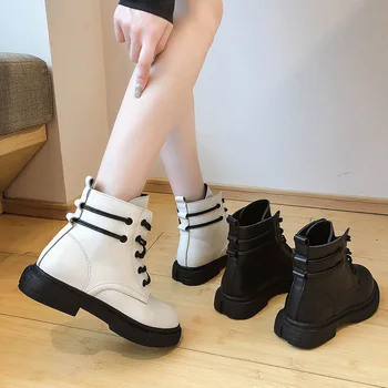 2020 Novo črno beli ženski čevlji modni platforma čevlji black Cross-vezani pu lep ženske čevlje Dame gleženj škornji