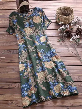2020 M-5XL A-linija retro cvetlični dolgo obleko Plus velikost kratek rokav priložnostne ženske obleke velikosti svoboden tisk boho poletje Obleko