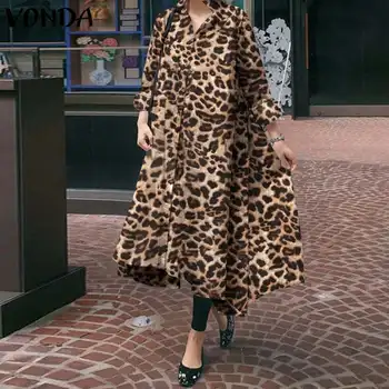 2021 VONDA Retro Leopard Tiskano Majico Obleke Vintage Obleko Maxi Jeseni Dolg Rokav Gumb River Obleko Vestidos Stranka Sundress