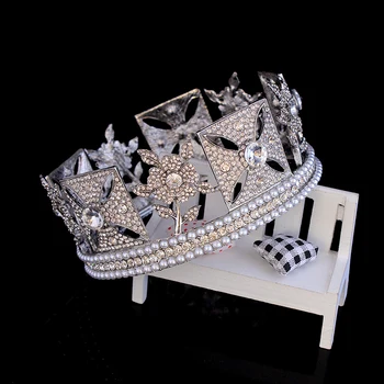 HIMSTORY Luksuzni Poročne Elizabeth Krono Evropske Kraljica Kristalno Pearl Headdress Poročni Dodatki za Lase Royal Glavo Nakit