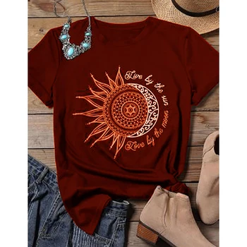 2020 ženske priložnostne modni t-shirt pismo sun moon tisk svoboden o-vratu kratek rokav elastično raztegne tshirt poletje vrhovi nova