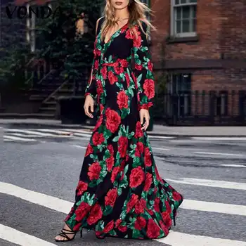 Ženske Pomlad Sundress Priložnostne Dolg Rokav Vestidos Ženski Tisk Obleke, Elegantne 2021 VONDA Seksi V Vratu Maxi Obleko Haljo Plus Velikost