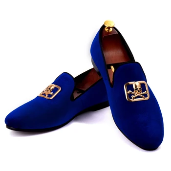 Harpelunde Evropske Moški Čevlji Blue Velvet Loafers Lobanje Sponke Obleko Čevlje Velikosti 6-14