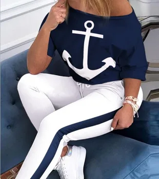 Fanco 2020 Žensk Kratka Sleeved Majico in Hlače Ženske Mornarsko Modri Športni Obleko Sidro Tiskanje Dva-Delni Set Plus Velikost 5XL