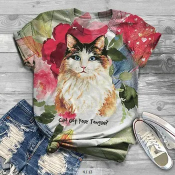 2020 Ženska Tshirts Kratek Rokav 3d Kitty Cat Natisnjeni O-Vrat Vrhovi Tee T-Shirt Blusas Vrhovi Ženske 2020 женские блузки