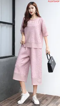 2020 Poletje Novo Preprost Macarons Velikosti Miyake Naguban Težka Industrija Priložnostne Obleko Dva Kosa iz Vrhu in Hlače Ženske Set