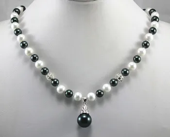 Odlično tekmo oblikovanje nakita 8 mm black&white lupini biserno ogrlico in 12 mm črna lupina pearl obesek