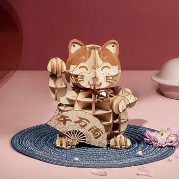 Robotime Srečen Mačka Model 3D Lesene Puzzle GamesToys Za Otroke, Otroci, Dekleta, Darilo za Rojstni dan
