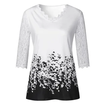 Plus Velikost 5XL Majica Bluzo Ženski 2020 Jeseni Nova Moda Vrhovi Priložnostne Proti-Vrat Tri Četrtine Čipke Splice Tiskanja Boho Rokavi Ženske