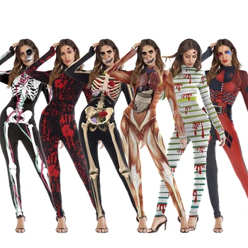 Enodelne Ženske Lobanje Okostje Kostum Halloween Stranka Nositi Strašno Ženska Jumpsuit Suh Zombi Vampir Cosplay za Ženske