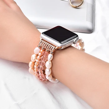 Zapestnica watchband za Apple ura 5 44 mm 40 mm iwatch 4 3 Band 42mm 38 mm Dekle Srčkan Ročno izdelan Modni kristalno Elastični Trak biser