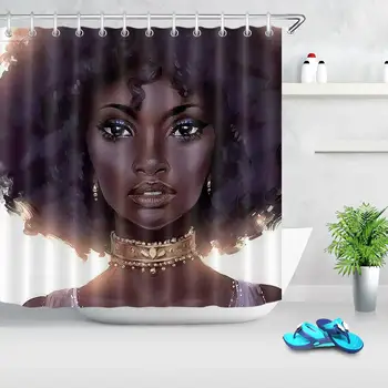 African American Dekle, Tuš Zavese Umetnosti Afro Črna Ženska Kopalniške Opreme Mat Nepremočljiva Kopel Zaveso, s Trnkov Stroj