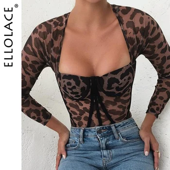 Ellolace Leopard Obleka, Push up Telo Jumpsuit Ženske Dolg Rokav Bodycon Kombinezon Seksi Žensk Telesa Romper Obleka za Ženske