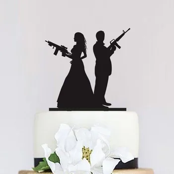 Pištolo Poročna Torta Pokrivalo, Oboroženi Nekaj silhueto torto pokrivalo, Edinstveno Torto Pokrivalo, Ženin in Nevesta na Poročno zabavo Dekor Dobave
