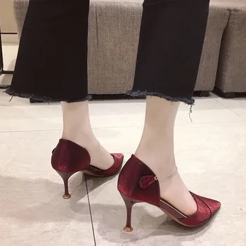Opozoril črpalke sandali 2019 Jeseni Poletni čevlji ženske Modni Tanke Pete Visokih petah Sladko Verižno Mozaik Slip-On ženski čevlji