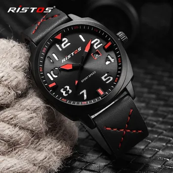 RISTOS Moških Quartz Analogna Watch slogu Vojske Usnje Ure Reloj Masculino Hombre Človek Moda Šport Gledam Vojaške Design 9351