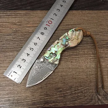 58HRC Ročno Damask jekla rezilo Žep Folding Nož darilo nož Prostem survival nož z lupino Ročaj pripomoček nož