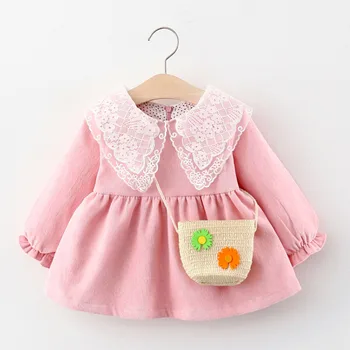 3 Barve Baby Dekleta z Dolgimi Rokavi Čipke River Sweet Oblačenja Otroci Moda Barva Obleka z Rožo Crossbag za 1-4Years