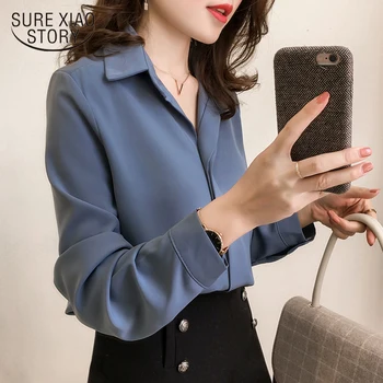 Elegantne Ženske Elegantna Modra Majica Dolg Rokav Šifon Bluzo Preprosta Ženska Čisto Korejskih Žensk, Plus Velikost Oblačila Modni Majice D553