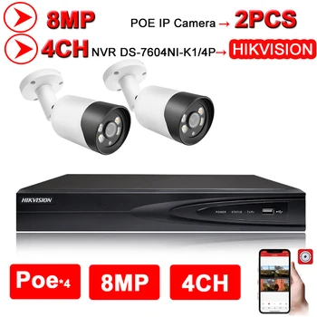 4CH CCTV Sistema 2PCS Ultra 8MP na Prostem Varnosti POE Fotoaparat z Hikvision 4 POE NVR DS-7604NI-K1/4P DIY Video Nadzor Kompleti