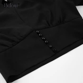 Bclout Black Puff Rokav Bluzo Crop Zgornji Del Ženske Mode V Vratu Elegantna Majica Sexy Jeseni Gumb Slim Trdna Bluze, Srajce, Tkane