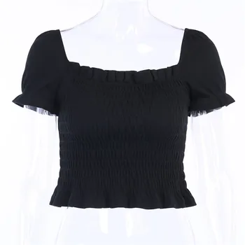 2020 Novo Poletno Kratko Solid Majica Korejski Seksi Luč Rokav Kvadratnih Vratu Slim Obreži Zgoraj Tee Shirt Femme