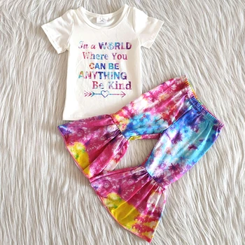 Vroče prodajo fashion otroci poletje obleko baby dekle pisane črke design majico in tie-dye bell hlače nastavite dekle moda obleko