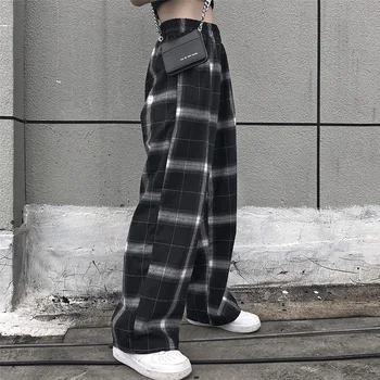 Elastični pas kariran hlače ženske visok pas širok noge Hlače Priložnostne ženski korejski jogger punk hlače ženske obleke gothic