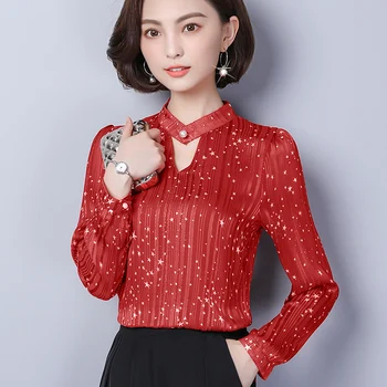 Novo pomlad 2019 šifon proti-vrat womens vrhovi ženske dolge rokave natisniti moda vzročno ženske bluzo majice, trakove bluze 1859 50