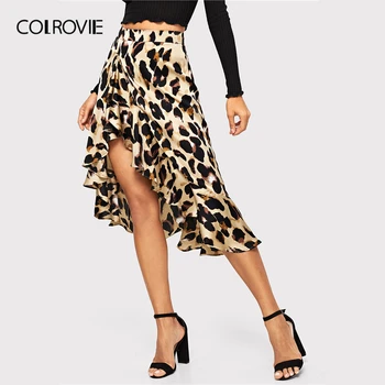 COLROVIE Ruffle Robom Leopard Tiskanja Seksi Stranka Krilo 2019 Pomlad Moda Ulične Urad Dama Krila, Ženska delovna oblačila Midi Krilo