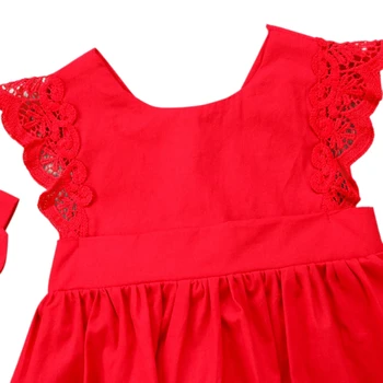 Poletje Newborn Baby Dekleta, Obleka, Obleka brez Rokavov Bombažne Čipke Jumpsuit Lok Lase Band Rdeča Oblačila, ki za Dekle