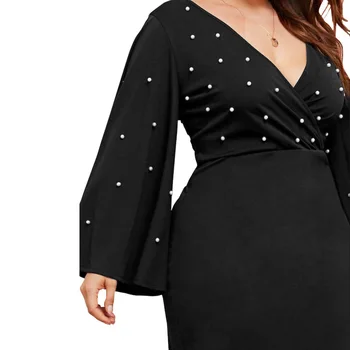 Ženske Obleke 2020 Modni Ženski V Vratu Flare Dolg Rokav Beading Priložnostne Obleko Plus Velikost Maxi Dolge Obleke