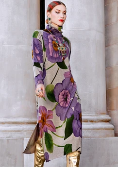 2020 Pozimi Priložnostne Cvetlični Knited Turtleneck Pulover Obleko Jeseni Vintage Stil Plus Velikost Ženske Elegantne Bodycon Dolgi Volna Puloverji