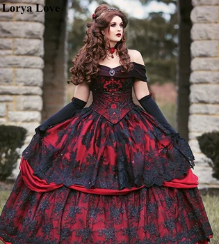 Gothic Belle Rdeče Črne Čipke Poročne Obleke 2020 Letnik Čipke-up Korzet Lepoto Off Ramenski Plus Velikost Korzet, Dolgo Poročne Oblek
