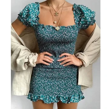 MosiMolly Ruffle Obleka Ženske Cvetlični Obleka Elegantna Wome Boho Plaži Shirred Mini Obleka 2020 Boho Poletje Mini Obleka Ženska Vestidos