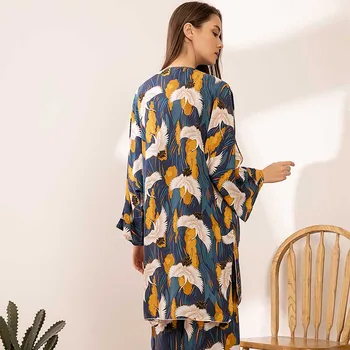 2020 POMLAD & PADEC Nove Ženske Pižame Nastavite Udobje Svoboden Velikosti Femme Sleepwear Žerjav Natisnjeni Elegantne Ženske 3Pcs Homewear